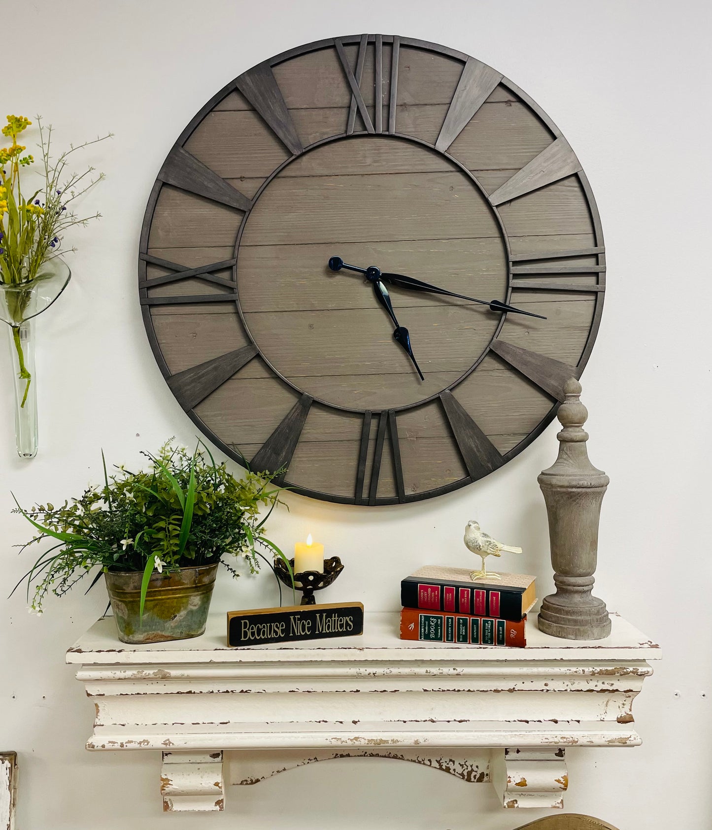 Wooden and Metal Roman Numeral Wall Clock