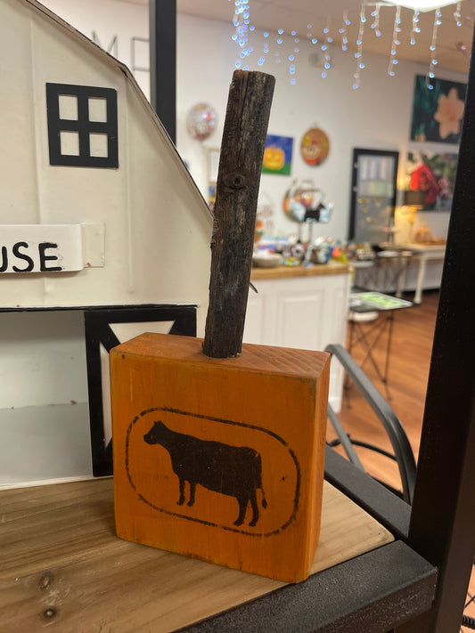 Wooden Pumpkin Square with Cow