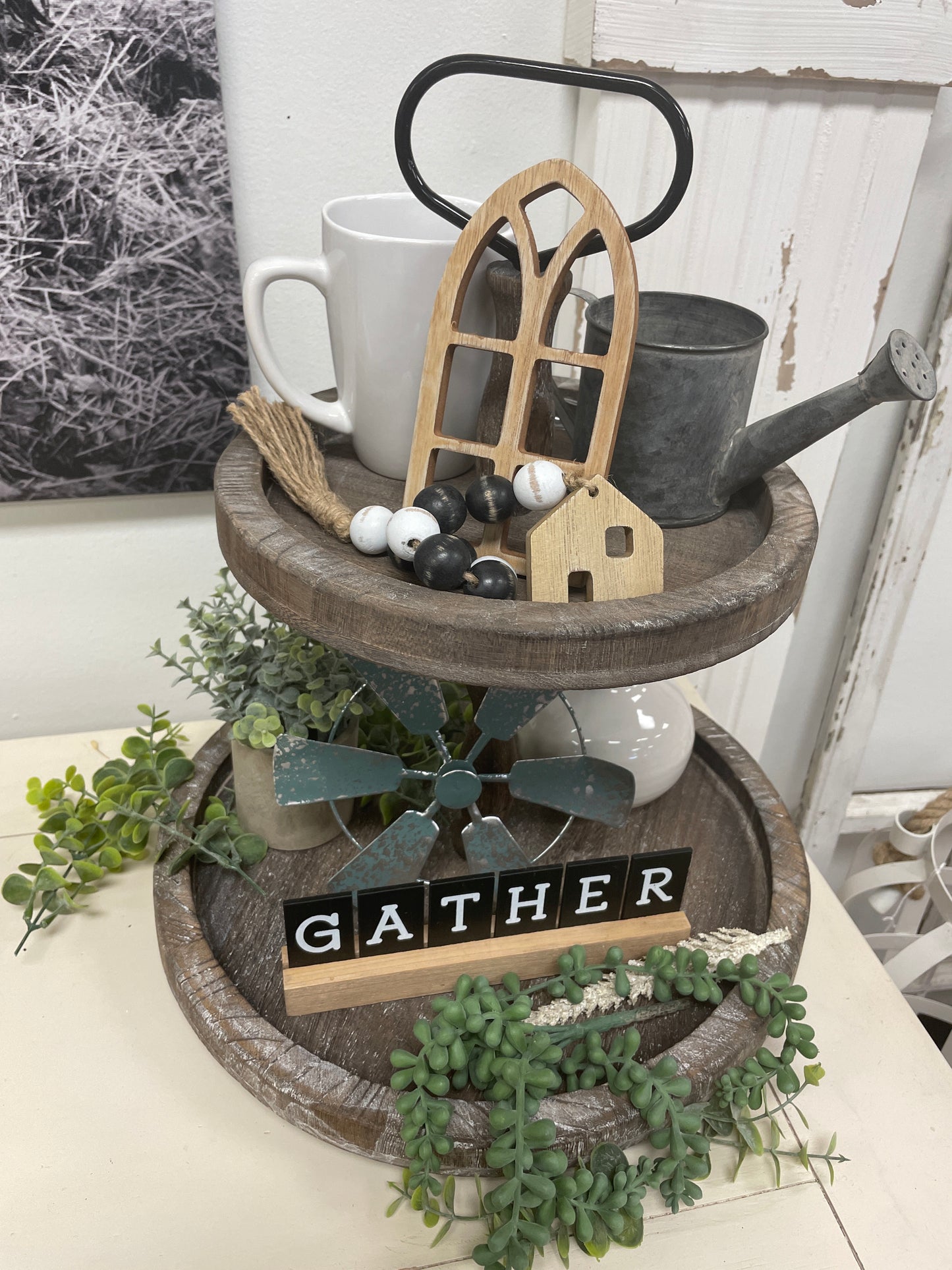 Gather and Thankful Farmhouse Tiered Tray Décor Set