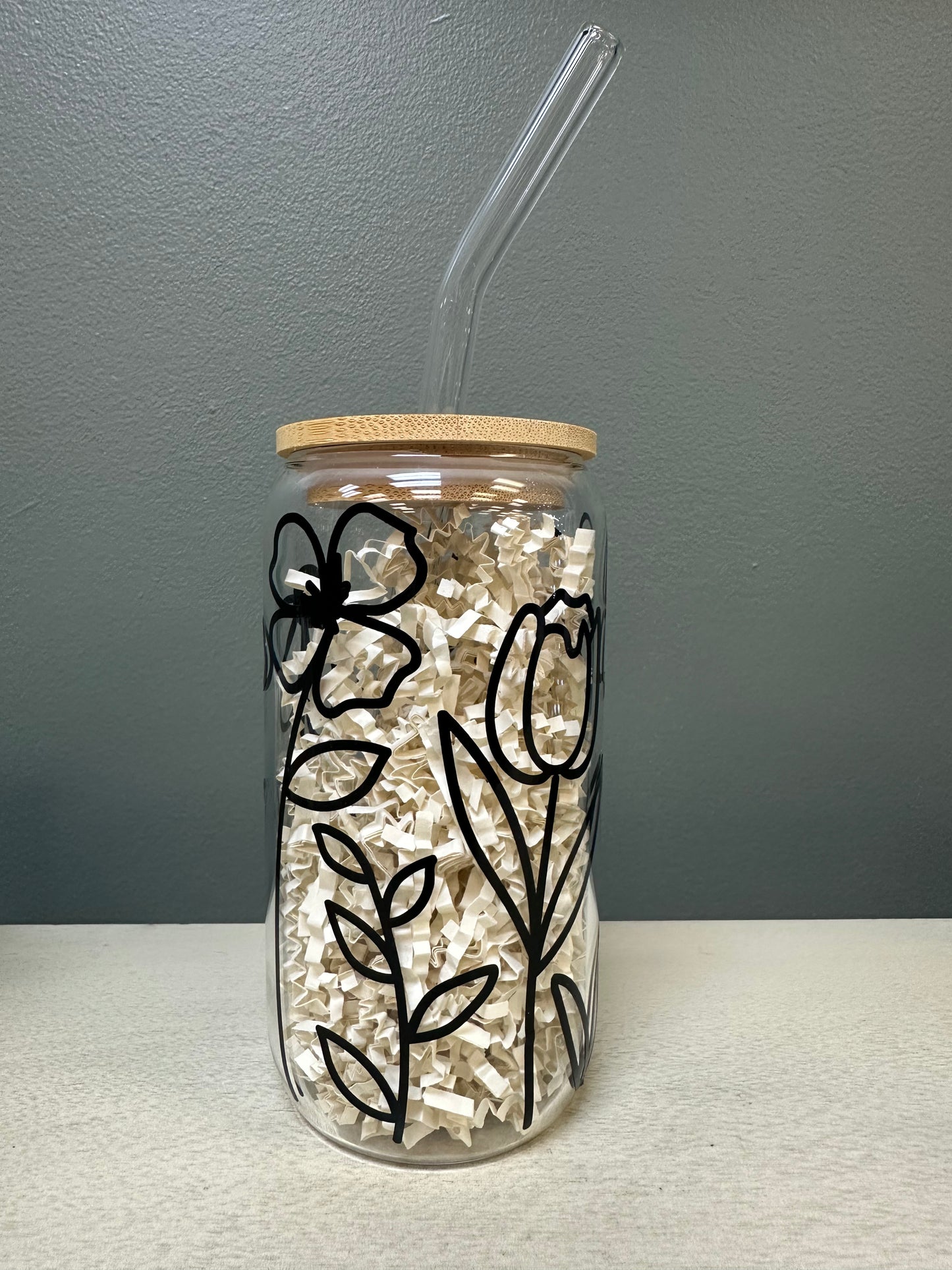 Flower glass cup w/ lid and straw